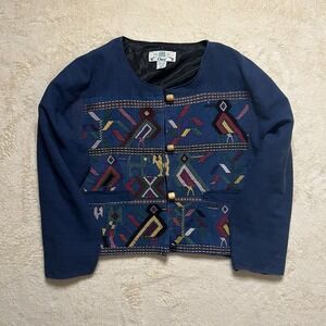 Vintage 90s Orvis Womens L Hand Woven Sweater Vest Aztec Folk Blue Embroidered